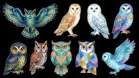 Colorful owl collection isolated on transparent background, featuring nine unique watercolor-style birds, great for stickers, t-shirt design, clipart, and print on demand.