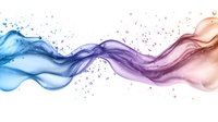 Abstract flowing waves in blue, purple and coral colors with sparkling particles create dynamic motion effect against white background. Suitable for modern design.