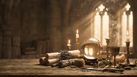 Mystical crystal ball with ancient scrolls and candles in gothic stone chamber with golden light streaming through arched windows, suitable for occult, fantasy, and spiritual content.