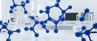 Blue molecular structure models in modern laboratory setting with scientific equipment and glassware for chemistry research and education.