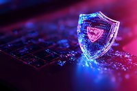 Glowing shield icon on computer circuit board with neon blue and pink lighting effects, representing cybersecurity and digital data protection concept.