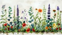 Watercolor wildflower garden with vibrant purple lupines, orange poppies, and green foliage against white background. Botanical illustration for nature-inspired design.