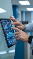 Businessman analyzing market research data on tablet with charts and graphs in modern office environment for business intelligence and analytics.