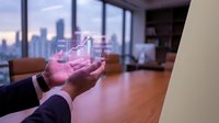 Businessman holding glowing digital shopping cart icon in modern office with city skyline view representing e-commerce growth and online retail success.
