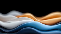 Smooth flowing waves in white, orange and blue colors create abstract background with soft gradient transitions and elegant curved lines on black backdrop.