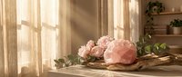 Rose quartz crystal with pink peonies and driftwood on a sunlit windowsill, soft golden light through sheer curtains creating a serene wellness atmosphere.