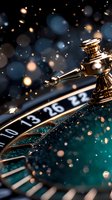 Golden roulette wheel spinner against dark background with bokeh lights and numbers, capturing luxury casino atmosphere in dramatic close-up view.