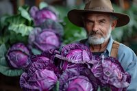 Senior Caucasian farmer with gray beard wearing hat holds fresh purple cabbage heads at local market, showcasing organic produce and sustainable agriculture.