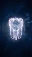 Glowing holographic tooth with digital circuit patterns against starry night sky background for dental technology and futuristic healthcare concepts.