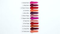 Colorful lipstick swatches collection showing various shades from pink to red arranged in rows with product names for cosmetic branding and beauty marketing.