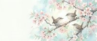 Watercolor birds perched on blooming cherry blossom branches with soft pastel flowers. Spring nature artwork for greeting cards and home decor projects.
