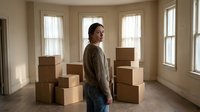 Young woman standing in empty room surrounded by cardboard moving boxes during home relocation process.
