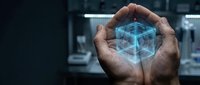 Hands protecting glowing holographic cube in futuristic technology environment representing data security, blockchain innovation and digital transformation concepts.