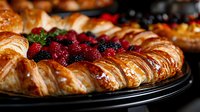 Fresh baked flaky croissants and Danish pastries topped with mixed berries including raspberries and blackberries on dark serving platter, close up view.