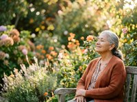 Senior woman with gray hair and light skin tone sitting on wooden bench in blooming garden surrounded by colorful flowers and green foliage, enjoying peaceful outdoor moment.