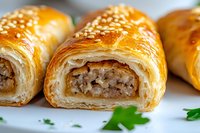 Flaky puff pastry rolls filled with seasoned ground meat and topped with sesame seeds, cut to show layered texture and savory filling on white plate with parsley garnish.