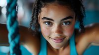 Young African American woman with natural curly hair and freckles smiling warmly at camera, wearing turquoise athletic top, close-up portrait with soft bokeh background.