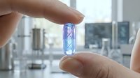 Scientist holding transparent capsule with glowing DNA helix inside modern laboratory for genetic research and biotechnology applications.