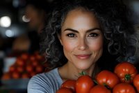 Smiling mixed race woman with curly dark hair holding fresh red tomatoes at farmers market. Natural lighting highlights genuine expression and produce.