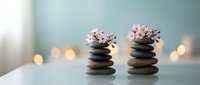 Zen spa stones stacked with delicate pink cherry blossoms on top creating peaceful meditation scene with soft bokeh lights in serene wellness environment.