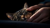 Sleeping tabby cat being gently petted, close-up portrait with soft natural lighting highlighting facial features and fur texture against dark background.