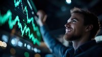 Young bearded Caucasian businessman smiling while analyzing financial market data on digital screen with green trading charts in dark office environment.