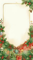 Festive holiday frame with gold border, evergreen branches, holly, pinecones, ornaments, gingerbread cookies, and gift box on cream background. Ready for greeting cards, invitations, and seasonal designs.