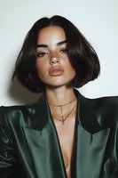 Young brunette woman with short bob haircut wearing green blazer and layered gold necklaces against white background for fashion and beauty concepts.