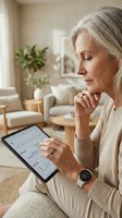 Mature Caucasian businesswoman analyzing financial data on tablet at home office, wearing smartwatch and casual beige sweater in modern living room.
