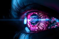 Futuristic cyberpunk macro shot of human eye with digital technology reflection showing neon pink and blue lights, circuit patterns and data visualization elements.