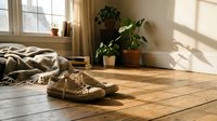 Cozy bedroom interior with worn sneakers on wooden floor, houseplants by sunny window, unmade bed with striped blanket creating warm morning atmosphere.
