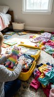 Child organizing colorful clothing and toys in yellow storage bins on bedroom floor with books and stuffed animals scattered around bright window.