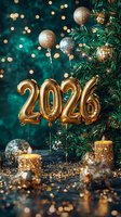 Gold foil number balloons 2026 with Christmas decorations, lit candles, and glitter against emerald green background with bokeh lights and pine branches.