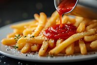 Crispy golden french fries on white plate with ketchup being poured from spoon, garnished with herbs and salt, perfect for restaurant menu or food blog.