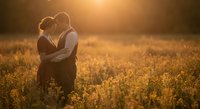 Romantic couple embracing in golden sunset field of wildflowers, warm backlit silhouette creating intimate moment for wedding, engagement and love concepts.