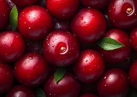 Fresh ripe red plums with water drops and green leaves in macro view, natural organic fruit background pattern for healthy eating and harvest concept.