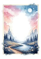 Watercolor fantasy frame with castle, moonlit sky, river path, pine trees, and flowers, featuring a white center space for text or design.