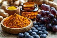 Fresh turmeric powder in wooden bowl with honey jars and antioxidant-rich berries on rustic wooden table. Natural ingredients for healthy eating and wellness.