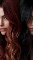 Contrasting portrait of auburn and black wavy hair styles showcasing rich color tones and smooth texture, highlighting professional hair coloring and styling techniques.