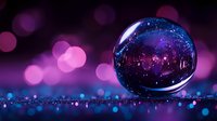 Magical crystal ball with galaxy universe inside on glittery surface with purple pink bokeh lights background for fortune telling mystical concepts.
