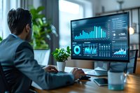 Professional businessman analyzing financial data dashboard with charts and graphs on computer monitor in modern office workspace for business intelligence.