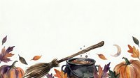Witch broomstick, cauldron, pumpkins, autumn leaves, and crescent moon on isolated white background for Halloween designs and seasonal decorations.