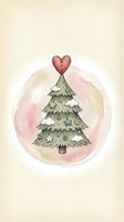 Decorated evergreen tree topped with red stitched heart, surrounded by watercolor wash circle on cream background. Festive holiday design for greeting cards, seasonal decor, and winter celebrations.
