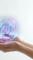 Human hands cupping glowing holographic sphere with digital network connections and futuristic data visualization elements on light background.