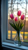Pink tulips in glass vase on window sill at sunset, natural backlight creating romantic atmosphere with bokeh forest background and warm evening glow.