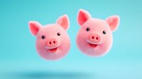 Cute pink pig heads floating on turquoise background. Smiling cartoon characters with soft fluffy texture and rosy snouts isolated for creative design projects.