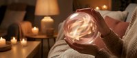 Person holding glowing crystal ball with swirling light patterns in cozy candlelit room creating mystical fortune telling atmosphere for spiritual guidance.