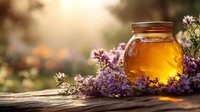 Glass jar of golden honey surrounded by fresh purple wildflowers on rustic wooden surface in warm sunlight, natural organic sweetener and herbal concept.
