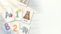 Educational alphabet and number flashcards with colorful illustrations including apple, bear, elephant on white wooden background for early childhood learning.