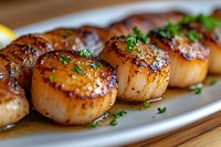 Pan seared sea scallops with caramelized golden crust garnished with fresh herbs and butter sauce served on white plate, close up view of gourmet seafood dish.